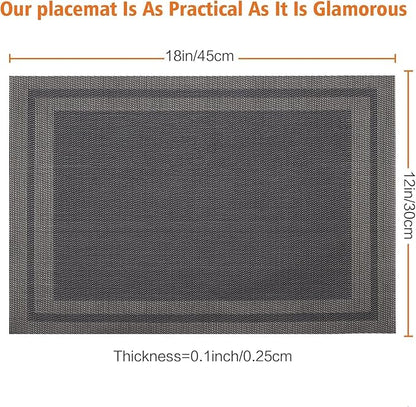 Placemats Set of 8,Washable, Vinyl Woven Non Slip Table Mats for Restaurant Table Protection, PVC Table Placemats (Black, 4PCS 12" Wx18 L)