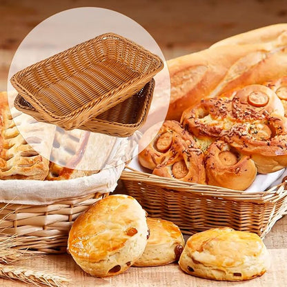 2 Pack 12" Rectangular Poly Wicker Bread Baskets, Durable Woven Serving Basket for Fruits, Vegetables Bread Indoor/Outdoor Use in Kitchen, Home, Restaurant