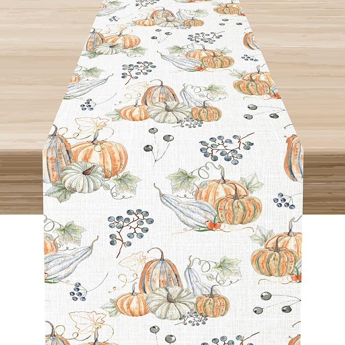 Pumpkins Table Runner, Farmhouse Seasonal Autumn Fall Leaves Harvest Thanksgiving Rustic Coffee Table Center Decor for Home Kitchen Dining Patio Holiday Party Indoor Outdoor Decorations, 13"x90" Inch