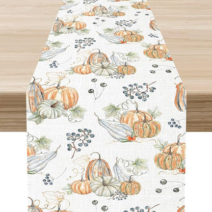 Pumpkins Table Runner, Farmhouse Seasonal Autumn Fall Leaves Harvest Thanksgiving Rustic Coffee Table Center Decor for Home Kitchen Dining Patio Holiday Party Indoor Outdoor Decorations, 13"x90" Inch