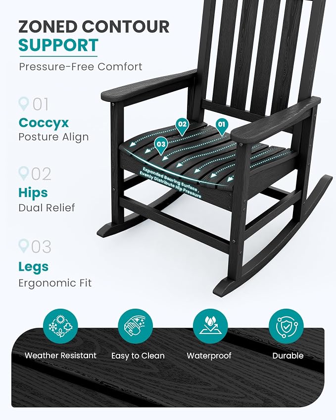 SERWALL Outdoor Rocking Chair Set of 2, Oversized Porch Rocker, Contoured 19.6" - Image 3