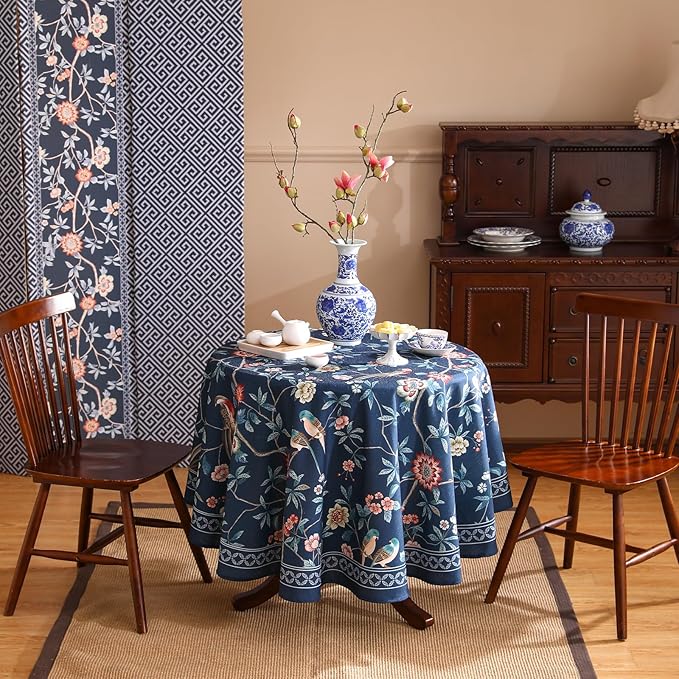 patdrea Designer Vintage Dark Blue Linen Round Tablecloth,Navy French Floral and Birds Pattern Table Cloth,Decoration Table Cover for Kitchen,Dining,Tea Party,Home,Christmas,Diameter 55"