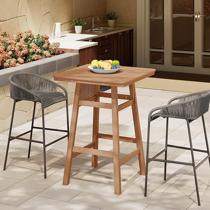 Costaelm Outdoor Bar Table, 42" Counter Height Square Patio Cocktail Bar Table with Umbrella Hole, Patio Bistro Dining Pub Table for Front Porch Deck Backyard Garden, Teak