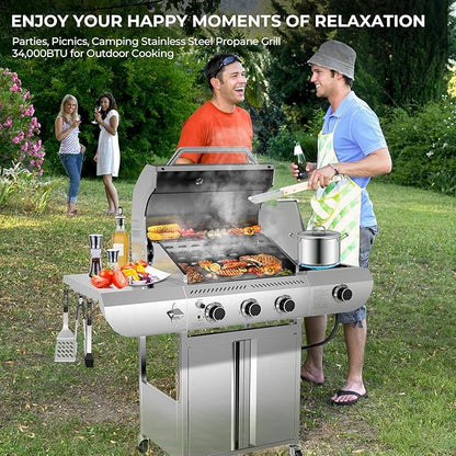 R.W.FLAME 3-Burner Propane Gas Grill With Sider Burner, Stainless Steel Propane Grill 34,000BTU, Multifunction & Protable Outdoor Barbecue Grill with Casters for Camping & Parties