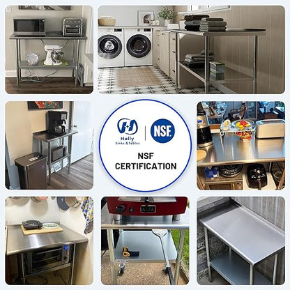 Hally Stainless Steel Table for Prep & Work 14 x 48 Inches, NSF Commercial Heavy Duty Table with Undershelf and Backsplash for Restaurant, Home and Hotel