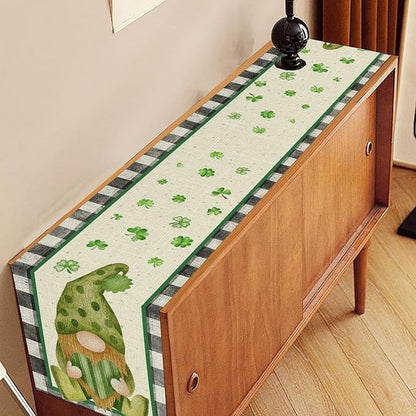 St.Patrick's Day Table Runner,Vintage Black White Plaid Green Polka Dot Gnome Shamrock Seasonal Spring Table Center Decor for Home Kitchen Dining Patio Party Indoor Decorations, 13"x72"
