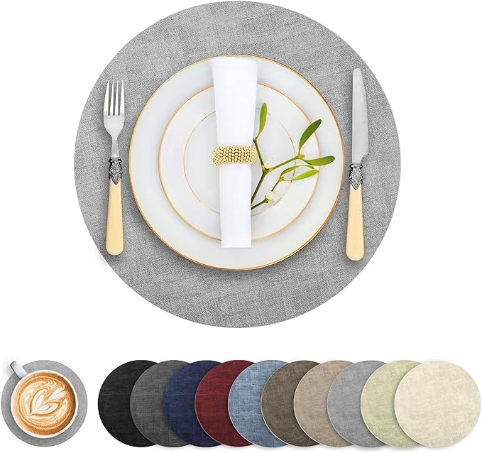 Round Faux Leather Placemats and Coasters, Set of 8, Reversible Heat Resistant Non-Slip Table Mats, Waterproof Wipeable Place Mats for Dining Table, Washable for Indoor & Outdoor (8, Light Grey)