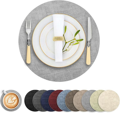 Round Faux Leather Placemats and Coasters, Set of 8, Reversible Heat Resistant Non-Slip Table Mats, Waterproof Wipeable Place Mats for Dining Table, Washable for Indoor & Outdoor (8, Light Grey)