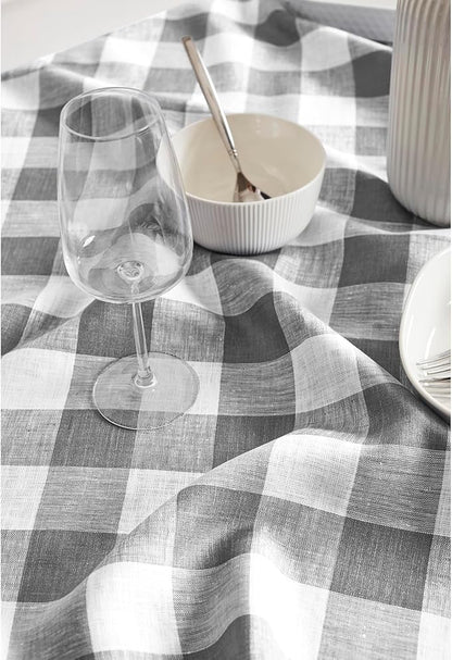 Solino Home Linen Checkered Table Runner 120 Inches Long - 100% Pure Linen Grey and White Buffalo Check Table Runner 14 x 120 Inch Ideal for Dining, Spring, Easter