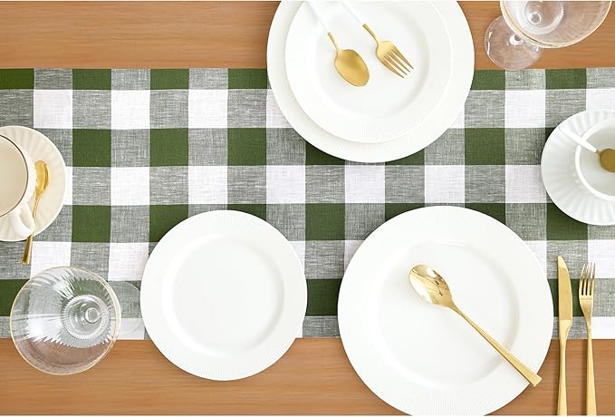 Solino Home Linen Table Runner 120 Inches Long - 100% Pure Linen Buffalo Check Olive and White Table Runner 14 x 120 Inch Ideal for Dining, Spring, St Patricks Day, Easter