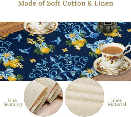 Lemon Fruit Table Runner Nature Bow Farmhouse Talavera Ethnic Folk Rustic Birds Aesthetic Dining Table Decoration for Home Holiday Party Dresser Kitchen Cabin Restaurant Wedding Decor 13×60in