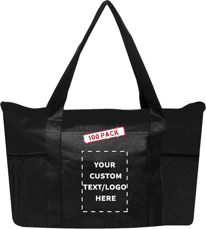 DISCOUNT PROMOS 100 Zippered Non-Woven Tote Bags Set - Customizable Text, Logo - Mesh Pocket, Zippered, Recyclable, Reusable - Black - 19"X14"X3", with Zipper