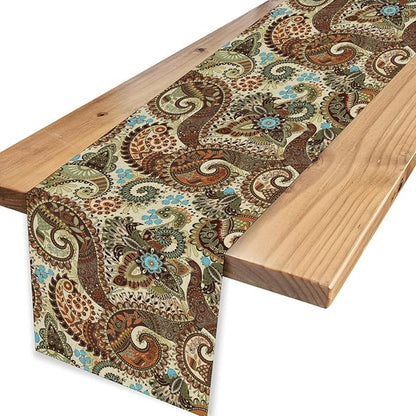 Brown Paisley Table Runner, Rustic Damask Antique Floral Flower Retro Boho Swirled Pattern Vintage Coffee Table Center Decor for Family Kitchen and Living Room Outdoor Table Decorations, 13"x108"