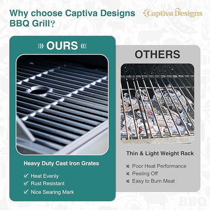 Captiva Designs Propane Gas Grill and Charcoal Grill Combo with Side Burner & Porcelain-Enameled Cast Iron Grate, Dual Fuel BBQ Grill for Outdoor Events & Backyard Barbecue, 690 SQIN Cooking Area