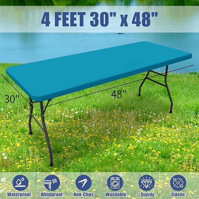 Spandex 4 Foot Rectangle Table Cloth 6 Pack, Elastic Fitted Tablecloths for Picnic, Stretch Washable Patio Table Cover for Outdoor, Camping, Banquet and Parties (Teal, 30"x48")
