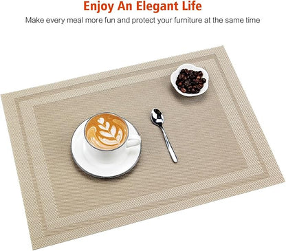 Placemats Set of 12,Washable,Heat and Stain Resistant Indoor/Outdoor Place mats,Vinyl Woven Non Slip Table Mats for Restaurant Table Protection,PVC Placemats(Beige,12PCS)