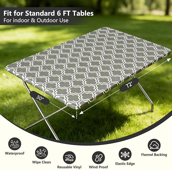 Rectangle Picnic Table Cloth, Elastic Waterproof Fitted Vinyl Tablecloths for 6 Foot Tables, Wipeable Flannel Backed Table Covers for Dining, Camping, Outdoor(Grey,30"x72")