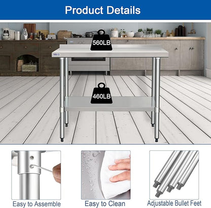 HARDURA Stainless Steel Table with Backsplash Metel Prep Table Commercial Kitchen Workbench 24x60 Inches NSF