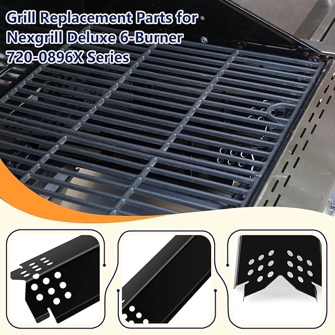 Grill Parts for Nexgrill Replacement Parts 2 Burner 720-0864 720-0864M,Cast Iron Cooking Grate,Heat Shield,Burner Kit for Megamaster 720-0864MA Grill Grates Replacement Parts kit for nexgrill grates