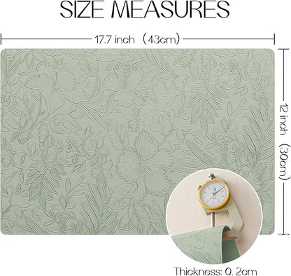 Romanstile Vinyl Placemats Set of 8-12 X 18 Inch - Heat Resistant Non-Slip Embossed Floral Place Mats 100% Waterproof Oilproof Wipeable Faux Leather Table Mats for Kitchen/Dining/Party, GrassGreen