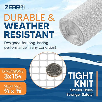ZEBRO Plastic Hardware Mesh Screen & Fence Roll (2' x 15' White) - Plastic Indoor or Outdoor Balcony, Patio & Porch Netting - Safety Barrier Plastic Fence to Protect Pets & Kids Around The Home