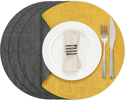 Myir JUN Round Placemats, Dual Sided Faux Leather Place Mats Set of 4 Indoor/Outdoor Non-Slip Washable Table Mats (Gray Yellow)