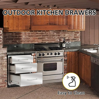 Outdoor Kitchen Drawers 14" W x 21" H x 23" D Flush Mount Triple BBQ Drawers with Chrome Handle Stainless Steel Drawer for Outdoor Kitchen Island, Patio Grill Station