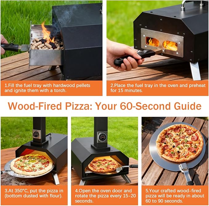 Christmas Gifts Pizza Oven Outdoor 12" Portable Pellet Pizza Stove Wood Fired Stainless Steel Pizza Maker for Backyard or Outside Camping With a Thermometer,a Carry Bag and a Cutter