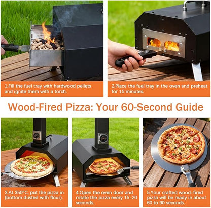 Christmas Gifts Pizza Oven Outdoor 12" Portable Pellet Pizza Stove Wood Fired Stainless Steel Pizza Maker for Backyard or Outside Camping With a Thermometer,a Carry Bag and a Cutter