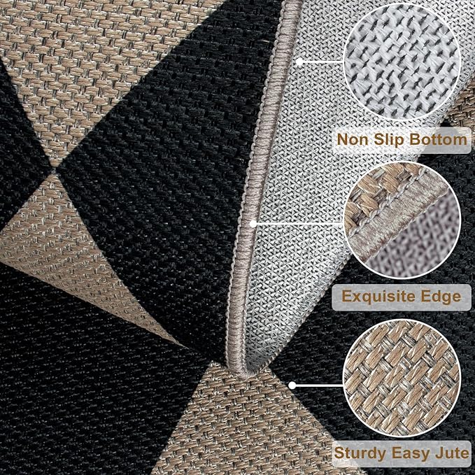 Easy Jute Checkered Runner Rug, 2.6x8 Black Modern Washable Rugs Runner for Hallway Non-Slip Kitchen Runner Rug, Geometric Diamond Indoor Outdoor Carpet for Porch Laundry Entryway