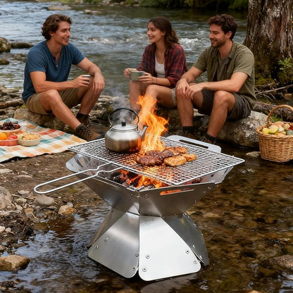 Portable Fire Pit - Foldable Stainless Steel Camping Fire Bowl & Grill - Compact Bonfire Pit for Backyard, Patio, Garden Parties & Camping Trips, 12.6 Inch