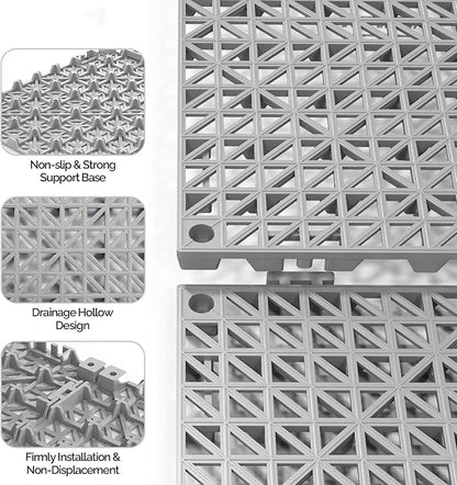Bonnlo Grey Interlocking Drainage Mat, 12''*12'' Anti-Fatigue Floor Mat, Restaurant Kitchen Mat, Cushioned Tiles, Non-Slip Garden Tile for Poolside, Wet Area, Deck and Bathroom Use