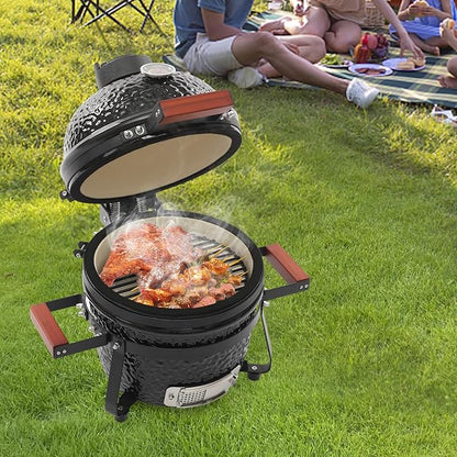 13 Inch Ceramic Charcoal Grill, Portable BBQ Smoker for Grilling & Smoking, Outdoor Patio Backyard Cooking, Movable Ceramic Barbecue Grill with Temperature Gauge