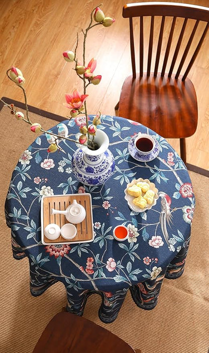 patdrea Designer Dark Blue Linen Round Tablecloth,Vintage Navy French Floral and Birds Pattern Table Cloth,Decoration Table Cover for Kitchen,Dining,Tea Party,Home,Christmas,Diameter 67"