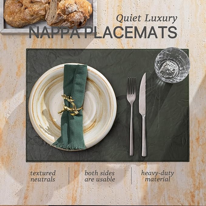 Faux Leather Placemats Set of 4 Vinyl Washable Wipeable Table Mats for Kitchen Dining Table Heat Resistant Waterproof Indoor/Outdoor Placemats Non-Slip Easy Clean Place Mats (Olive Green)