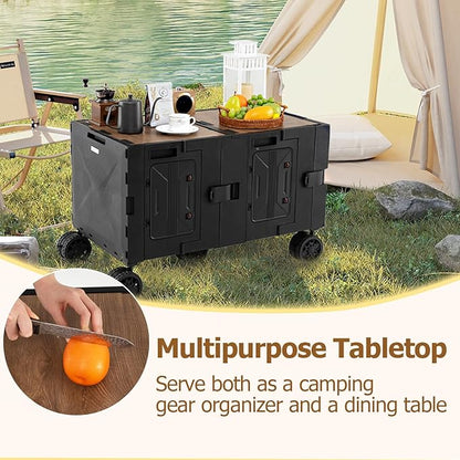 Goplus Large Foldable Utility Cart w/ 2-Tier Storage Crates, 5 Rotate Wheels, Metal Telescoping Handle, Portable Rolling Trolley Collapsible Cart for Grocery Shopping Camping & Travel