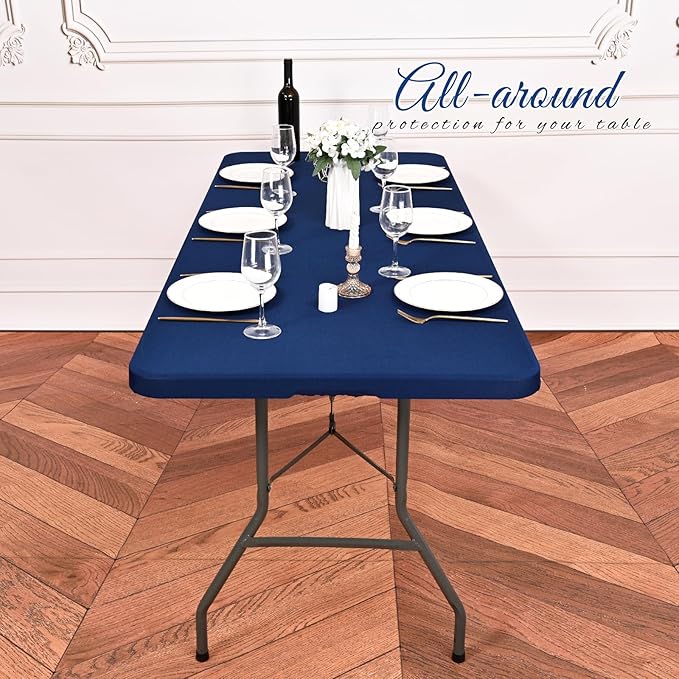 6 Pack Stretch Fabric Table Top Cap Cover, fits 6Ft Tables, Spandex Table Covers Washable Elastic Universal Rectangle Tablecloth Protector for Outdoor Party Picnic Wedding, Navy Blue, 30" W x 72" L