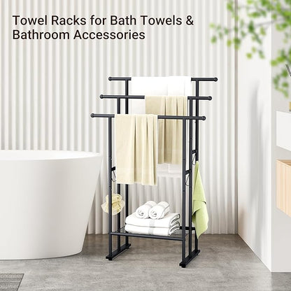 ELYKEN 3 Tier Standing Towel Rack, 40'' Tall Towel Drying Rack Outdoor, Freestanding Floor Towel Rack with Shelf, Pool Towel Blanket Stand, Metal Towel Racks for Bathroom freestanding, Matte Black