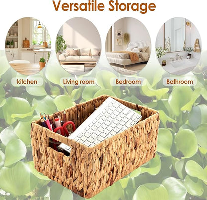 Wicker Baskets 2 Pack, Water Hyacinth Wicker Storage Basket with Handles, Large Rectangular Wickers Baskets for Organizing, Natural