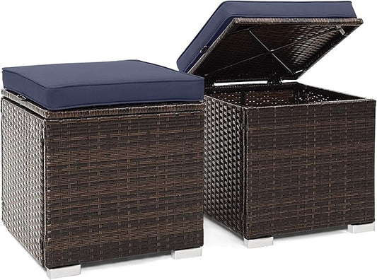 Tangkula 2 Pieces Patio Ottomans, Patiojoy Hand-Woven PE Rattan Side Table with Removable Cushion & Hidden Storage Space, Multifunctional Storage Box, Seat for Patio, Backyard, Poolside (Navy)