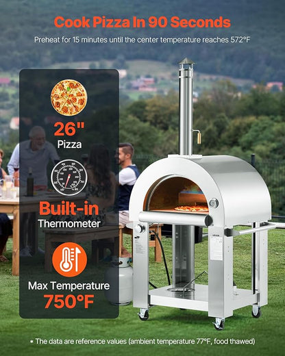 VEVOR Dual Fuel Pizza Oven Outdoor, 26 in Portable Pizza Oven, Pellet & Gas Powered Outdoor Pizza-Maker with Thickened Cordierite Pizza-Stone, Easy to Move with Casters, for Camping and Backyard