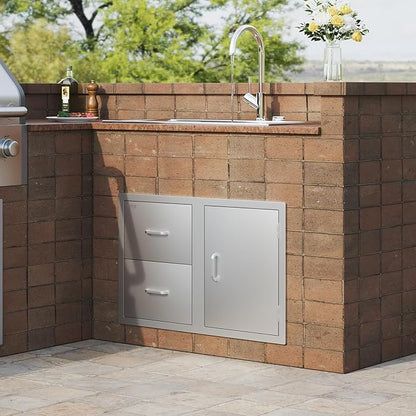 VEVOR Outdoor Kitchen Door Drawer Combo, 32.5" Wx21.7 Hx20.5 D, Access Door Double Drawers with Paper Towel Rack, BBQ Island Drawers with Stainless Steel Handles, 30.7" Wx20 Hx21 D Cutout Size