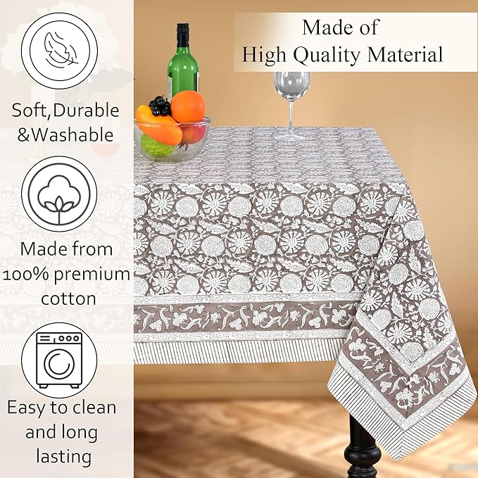 CPC Rustic Brown Tablecloth 100% Cotton 60x60 Inch Indian Block Print Rectangle Table Cover, Table Cloth for Gifting in Weddings, Halloween, Fall, Christmas, Thanksgiving
