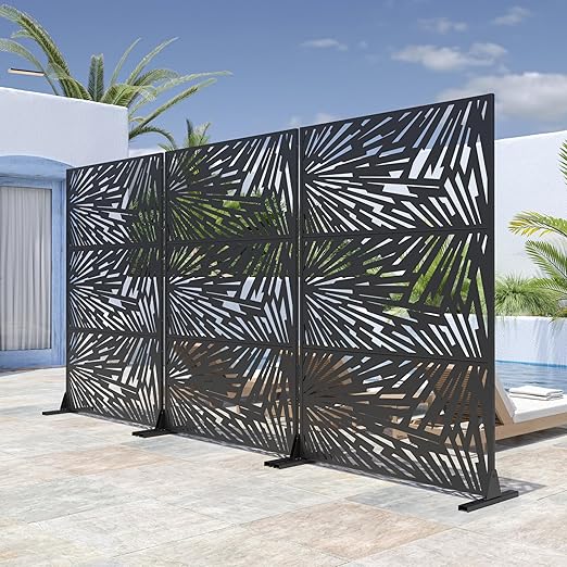 Casaphoria Metal Privacy Screen Outdoor, 72" H x 47" W Freestanding Decorative Privacy Screen for Patio Deck Balcony Garden with Stable Base, Black-Frank