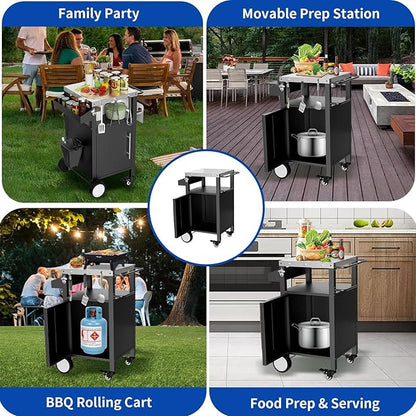 Outdoor Grill Cart with Storage, Stainless Steel Top, Movable Patio Kitchen Island, Rolling BBQ Cart, Dining Serving Cart for Family Party, Food and Others Prep Station, Black