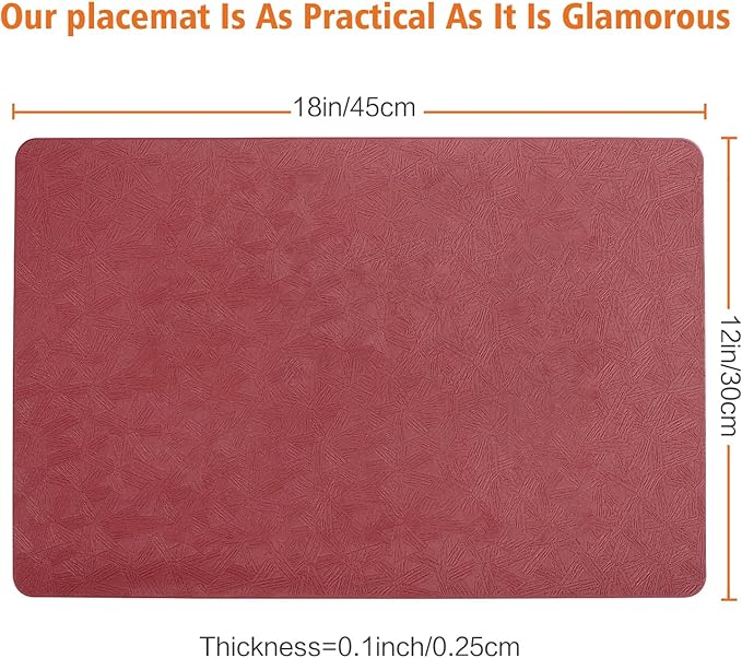 Vinyl Placemats Set of 12 Heat Resistant Easy Clean Non-Slip Place Mats for Dining Table. Faux Leather Waterproof Stain Resistant Wipeable Washable PVC Table Mats(12, Red)