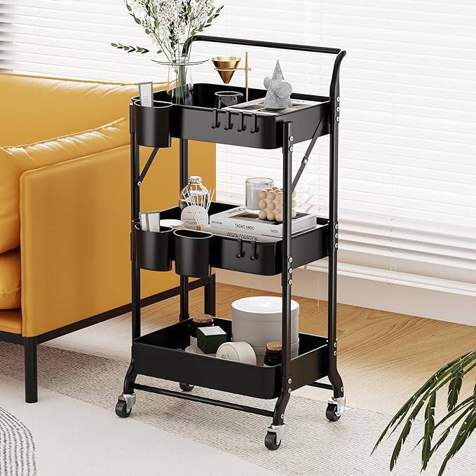 3 Tier Foldable Rolling Cart with Wheels, Folding Utility Cart Organizer, Collapsible Rolling Storage Cart with 3 Hanging Cups & 6 Hooks for Kitchen, Office, Nursery(Black)