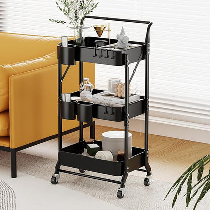 3 Tier Foldable Rolling Cart with Wheels, Folding Utility Cart Organizer, Collapsible Rolling Storage Cart with 3 Hanging Cups & 6 Hooks for Kitchen, Office, Nursery(Black)