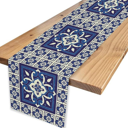 Mexican Table Runner, Blue Floral Birds Mexico Talavera Tiles Ceramic Dia De Los Muertos Coffee Table Center Decor for Family Kitchen and Dining Farmhouse Indoor Outdoor Table Decorations, 13"x108"