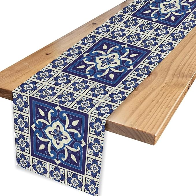 Mexican Table Runner, Blue Floral Birds Mexico Talavera Tiles Ceramic Dia De Los Muertos Coffee Table Center Decor for Family Kitchen and Dining Farmhouse Indoor Outdoor Table Decorations, 13"x36"